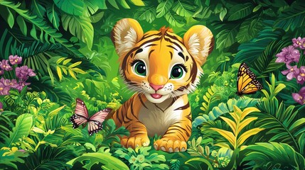 Adorable tiger cub nestled in lush jungle foliage with butterflies.