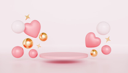 Pink Hearts Gold Spheres Platform Romantic 3D Render