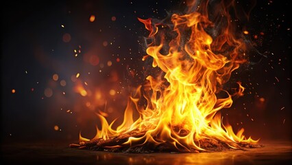 Burning flame on a dark background with a warm orange glow and flickering flames, fiery spark