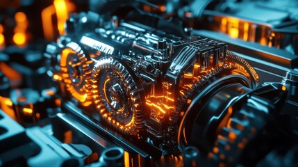 Fototapeta premium A high-performance car engine with glowing gears and rotating parts, demonstrating the power and speed of modern automotive technology.