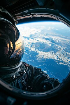 A man in a space suit is looking out of a window of a spacecraft