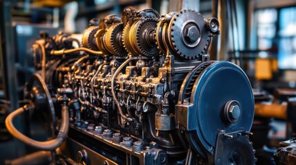 Fototapeta premium A dynamic shot of a vintage engine, with rotating pistons, cogs, and gears, creating a powerful mechanical atmosphere in an industrial setting.