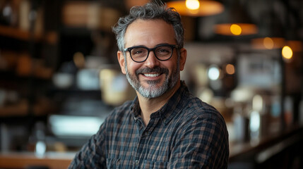 Obraz premium Smiling man with glasses enjoying time in a cozy cafe
