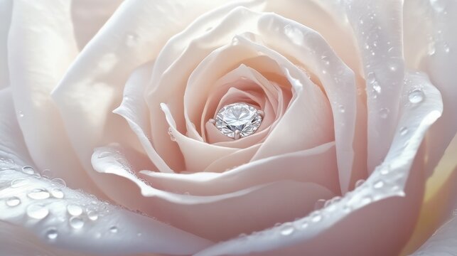 A diamond ring placed in the center of a blooming rose, surrounded by delicate dewdrops
