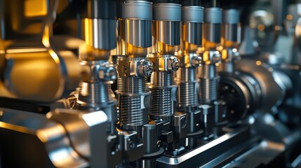 A dynamic shot of a vintage engine, with rotating pistons, cogs, and gears, creating a powerful mechanical atmosphere in an industrial setting.