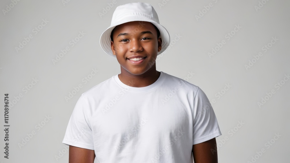 Wall mural Plus size black teenage boy wearing white t-shirt and white bucket hat isolated on grey background