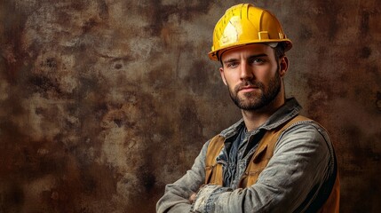 A man in a yellow hard hat is standing in front of a wall