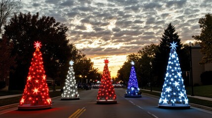 Colorful illuminated Christmas trees line a street at sunset, creating a festive atmosphere.