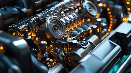Fototapeta premium A high-tech car engine, with rotating gears, pistons, and glowing components working together to create an efficient, powerful system.