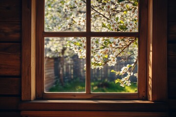 Fototapeta premium A window with a tree outside and a view of the grass