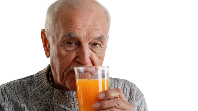 An Elderly Man Enjoying a Refreshing Glass of Orange Juice: A Moment of Relaxation and Joy in Daily Life.