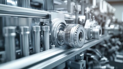 Fototapeta premium A futuristic industrial factory, with machines, gears, and pistons moving seamlessly in a high-tech environment full of mechanical energy.