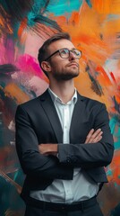 Fototapeta premium A man in a suit is looking up at a colorful background