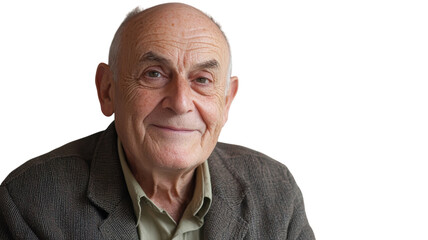 Obraz premium An elderly man smiling softly, showcasing the warmth of life experiences and wisdom; perfect for projects focused on age, happiness, or emotional connection..