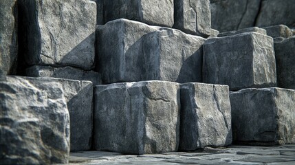 Chiseled stone blocks from a quarry stacked neatly, with ample room for overlays.