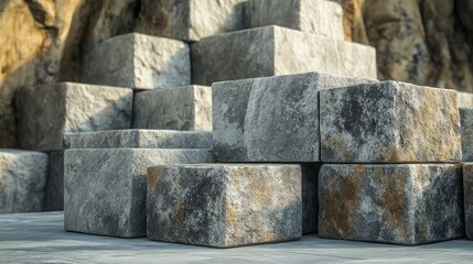 Chiseled stone blocks from a quarry stacked neatly, with ample room for overlays.