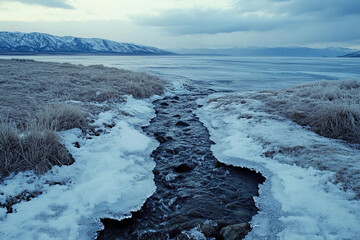 Winter landscape with icy river and snow-covered mountains during sunset