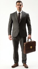 A man in a suit and tie is holding a briefcase