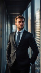 A man in a suit and tie stands in front of a window