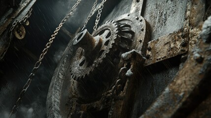 Close-up of a mining shaft pulley system covered in dust and grease, with blank space.