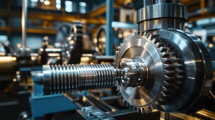 Fototapeta premium A dynamic scene inside an industrial factory, with rotating metal gears, pistons, and wheels, representing the power and creativity of machinery.