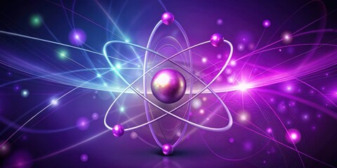 A stylized illustration of an atom molecule with swirling electrons and protons in a vibrant purple background