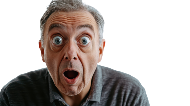 A surprised elderly man showcasing a range of emotions, perfect for illustrating themes of shock, wonder, and unexpected reactions in various projects including marketing, blogs, and social media..