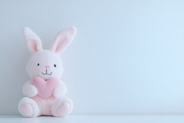 Obraz premium Cute plush bunny holding heart cozy indoor setting soft toy photography minimalist background whimsical concept