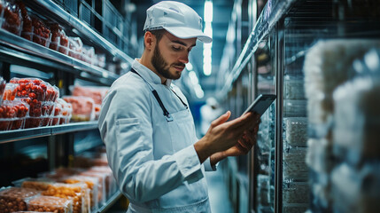 Employee checking inventory on smartphone while working in a food storage area