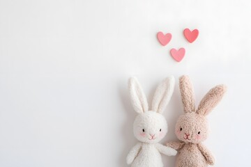 Obraz premium Cute bunny plush toys with hearts cozy setting still life soft background adorable concept for valentine's day