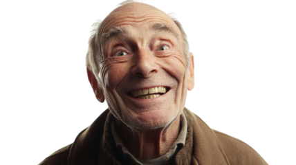 Elderly man with a wide toothy grin showcasing joy and happiness, ideal for promoting positivity in lifestyle articles or advertisements.