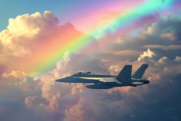 Jet Soaring Through Clouds and Rainbow in the Sky