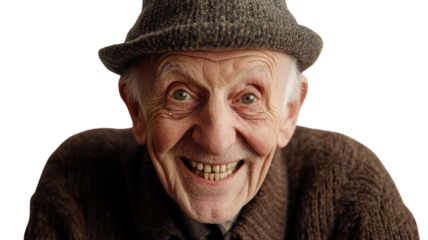 A joyful elderly man with a wide toothy grin, perfect for portraying happiness and warmth in family-oriented branding and advertising materials..