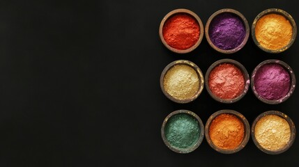 Close-up of colorful Holi powders arranged in small bowls with blank space for overlays