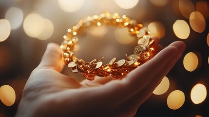 Golden thumbtacks forming a circle in a hand.