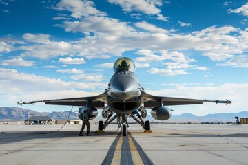 Fototapeta premium Military Fighter Jet on Runway with Beautiful Sky