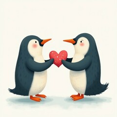 Obraz premium The image shows two penguins standing side by side and holding a red heart in their hands. The penguins are facing each other and appear to be in a loving embrace.