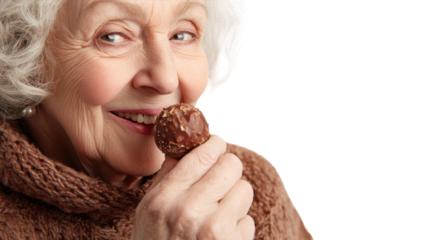 A Heartwarming Scene of an Elderly Woman Enjoying a Chocolate Truffle, Perfect for Family-Oriented Promotions or Healthy Living Campaigns.