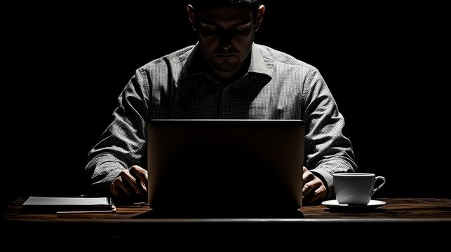Mysterious Man Working Late on Laptop in Dark Room
