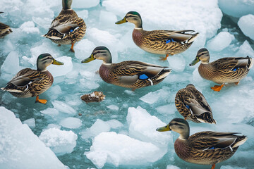 Mallard ducks swimming among ice on a winter lake at noon with clear skies and a cold atmosphere