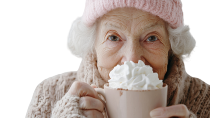 An elderly woman enjoying a cozy moment by sipping a warm cup of hot cocoa topped with whipped cream, ideal for showcasing warmth and nostalgia in family and winter-themed designs..