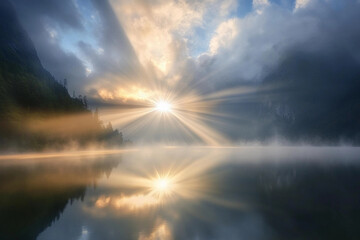 Obraz premium Morning sunlight breaks through clouds over tranquil lake surrounded by mountains at dawn