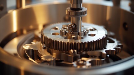 A mechanical cog turning inside a gearbox, with metal components rotating in perfect synchronization, illustrating the power of industrial design.