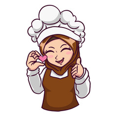 Vector cute and kawaii muslim female chef wearing hijab with delicious sign cartoon chibi character
