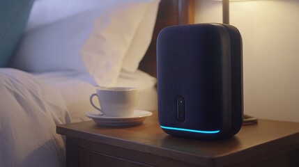 A small Bluetooth speaker placed on a bedside table next to a cup of coffee