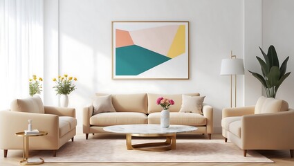 Living room with a picture frame on the white wall. 3D illustration