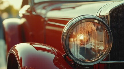 Vintage red car headlight close-up.  Golden hour sunlight reflects on classic automobile.