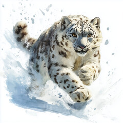 Fototapeta premium Illustration of the Snow Leopard running towards through snow, soft watercolor tones, white background, detailed illustration, cartoonish.