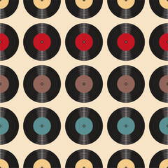 Seamless pattern print background with vinyl record disks vector illustration music wallpaper decorative artistic texture	