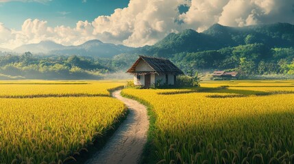 Rural Cottage nestled in golden rice paddy fields and mountains